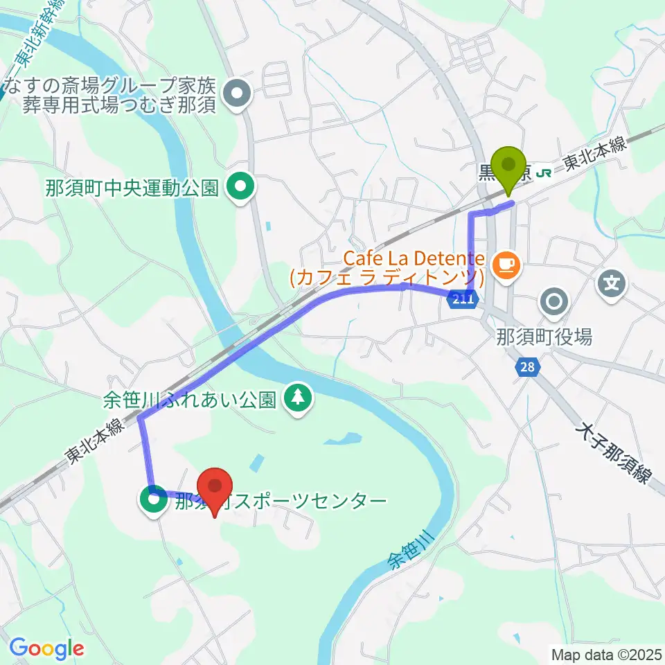 那須町文化センターの最寄駅黒田原駅からの徒歩ルート（約20分）地図