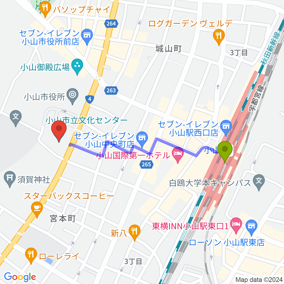 小山市立文化センターの最寄駅小山駅からの徒歩ルート（約9分）地図