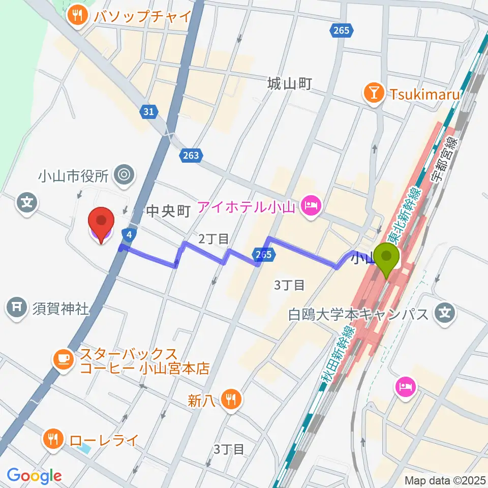 小山市立文化センターの最寄駅小山駅からの徒歩ルート（約9分）地図