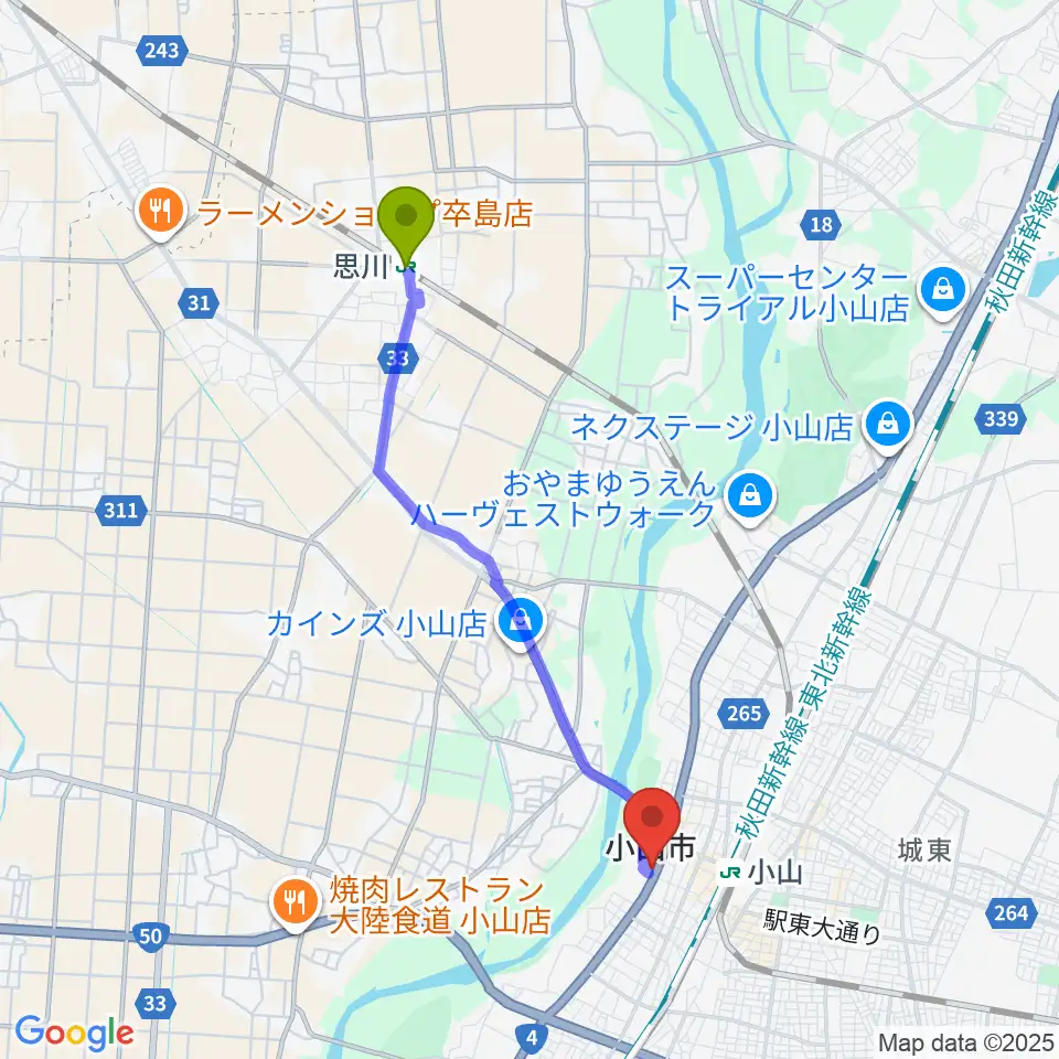 思川駅から小山市立文化センターへのルートマップ地図
