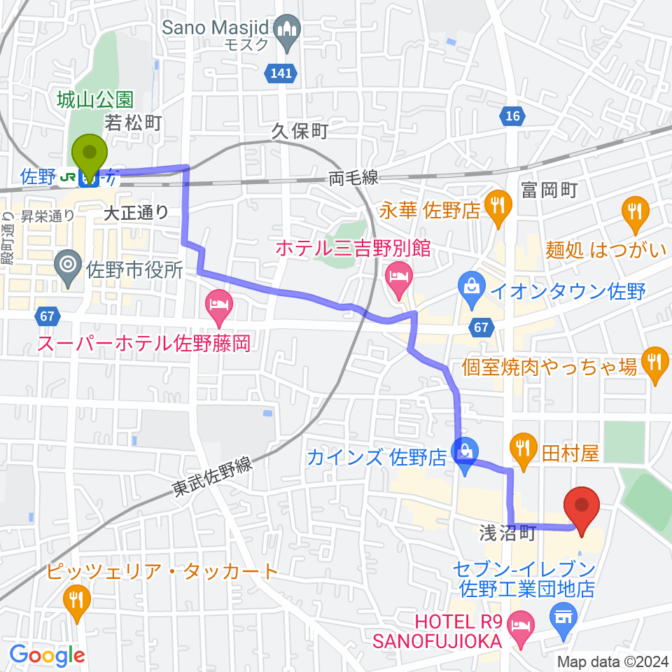 佐野駅から佐野市文化会館へのルートマップ地図