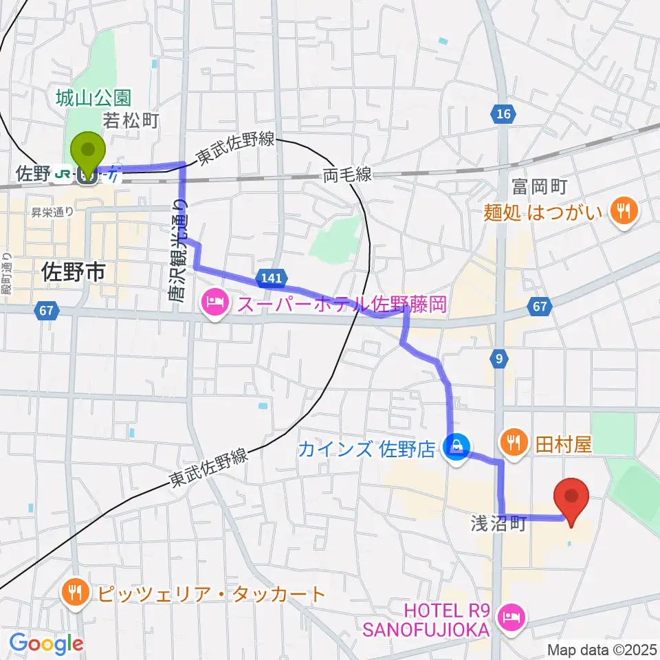 佐野駅から佐野市文化会館へのルートマップ地図
