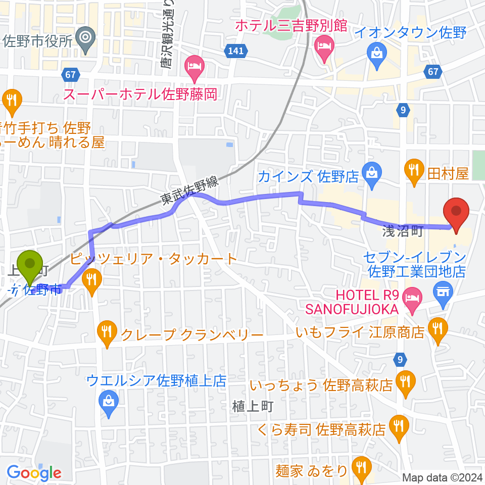 佐野市文化会館の最寄駅佐野市駅からの徒歩ルート（約27分）地図