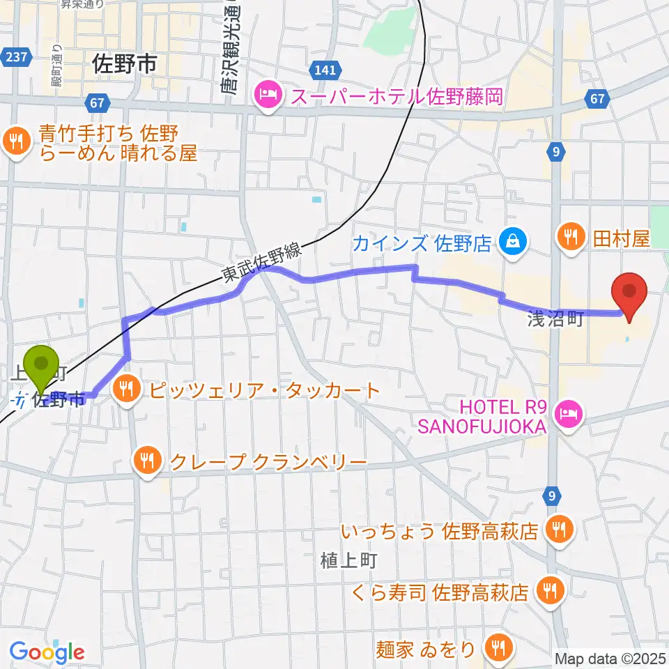 佐野市文化会館の最寄駅佐野市駅からの徒歩ルート（約27分）地図