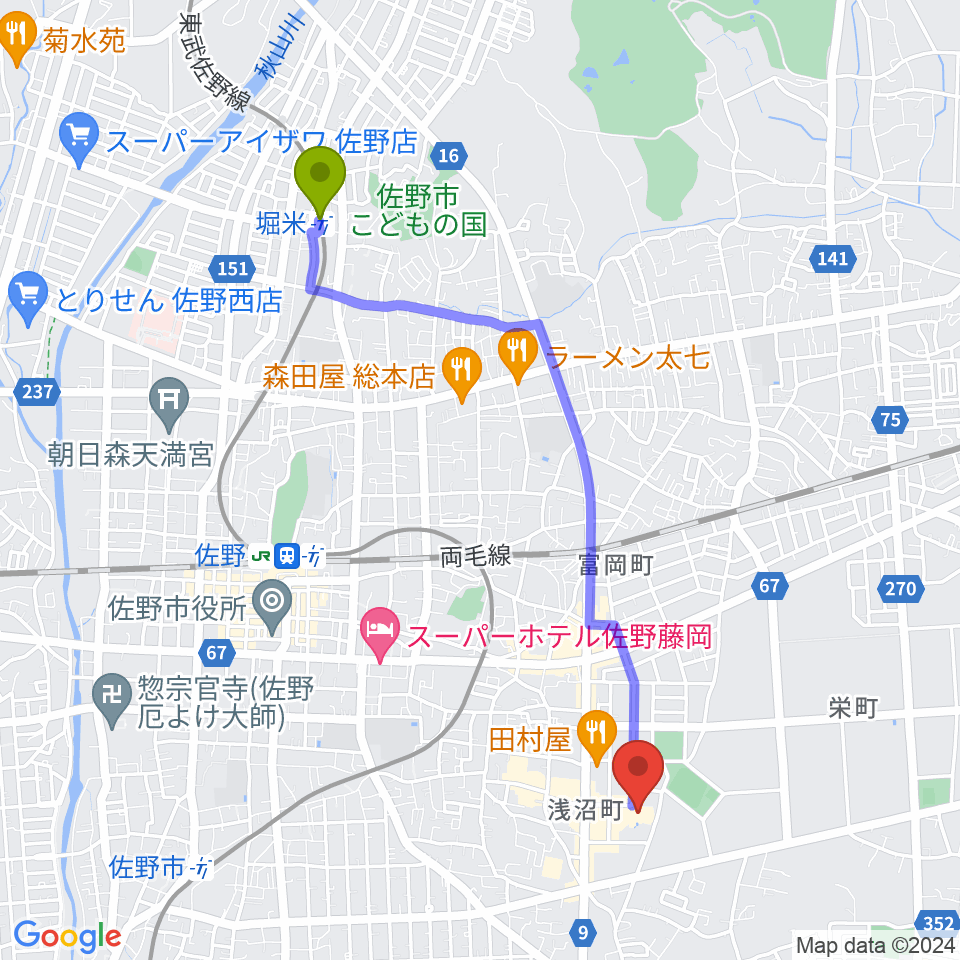 堀米駅から佐野市文化会館へのルートマップ地図
