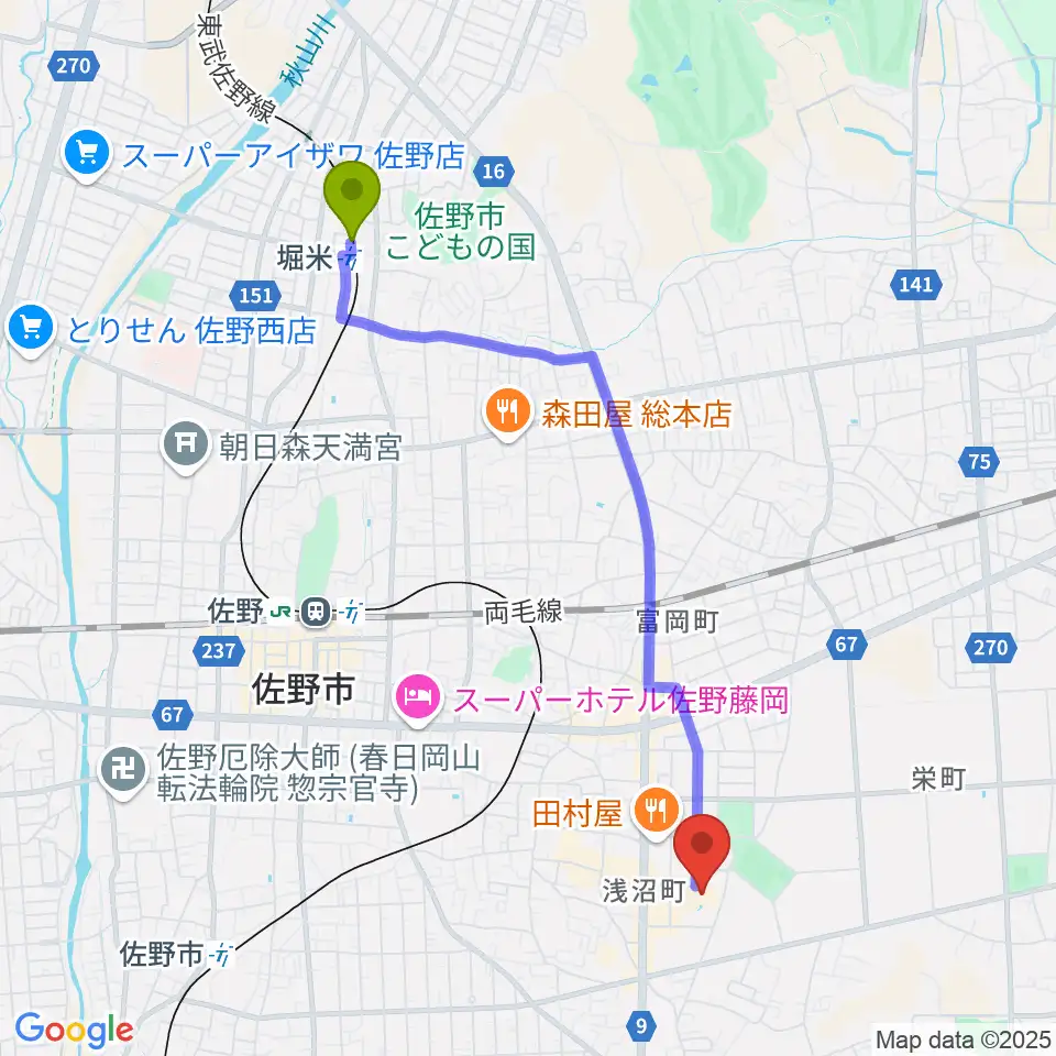 堀米駅から佐野市文化会館へのルートマップ地図