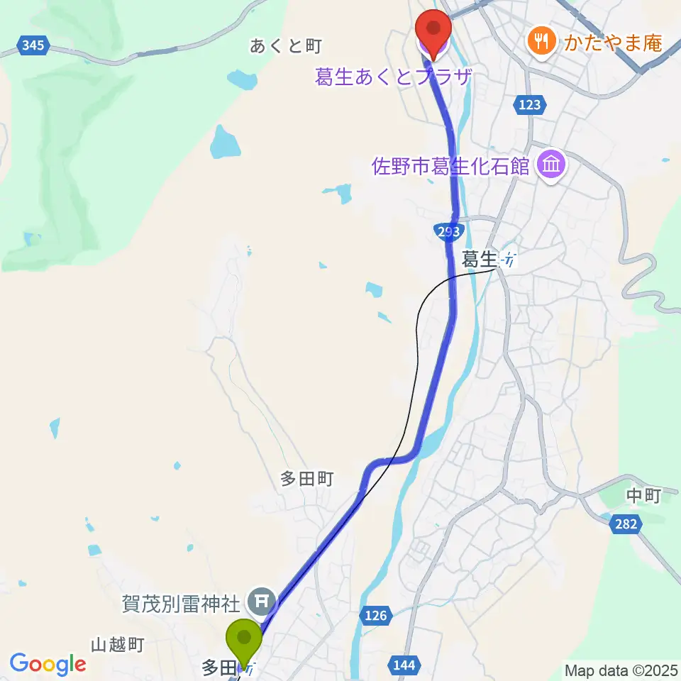 多田駅から佐野市葛生あくとプラザへのルートマップ地図