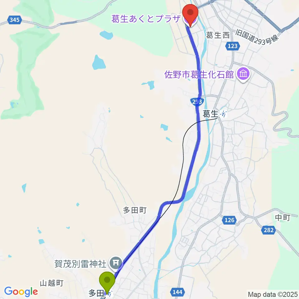 多田駅から佐野市葛生あくとプラザへのルートマップ地図