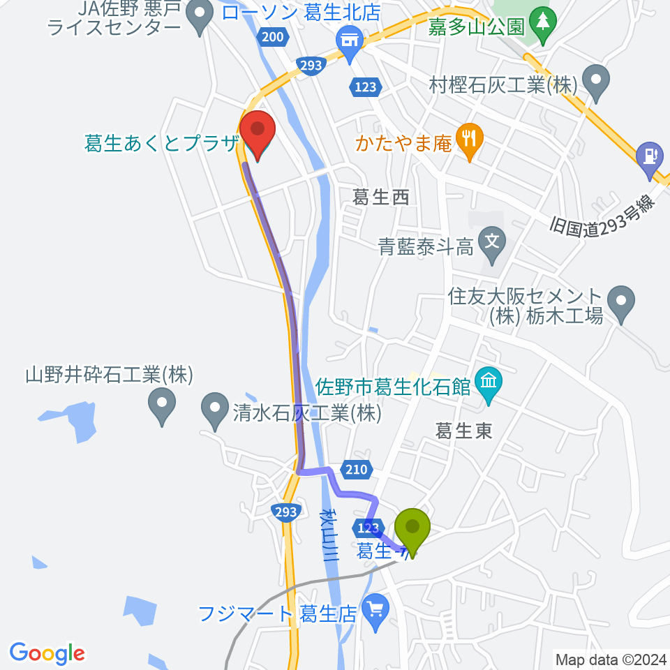 佐野市葛生あくとプラザの最寄駅葛生駅からの徒歩ルート（約20分）地図