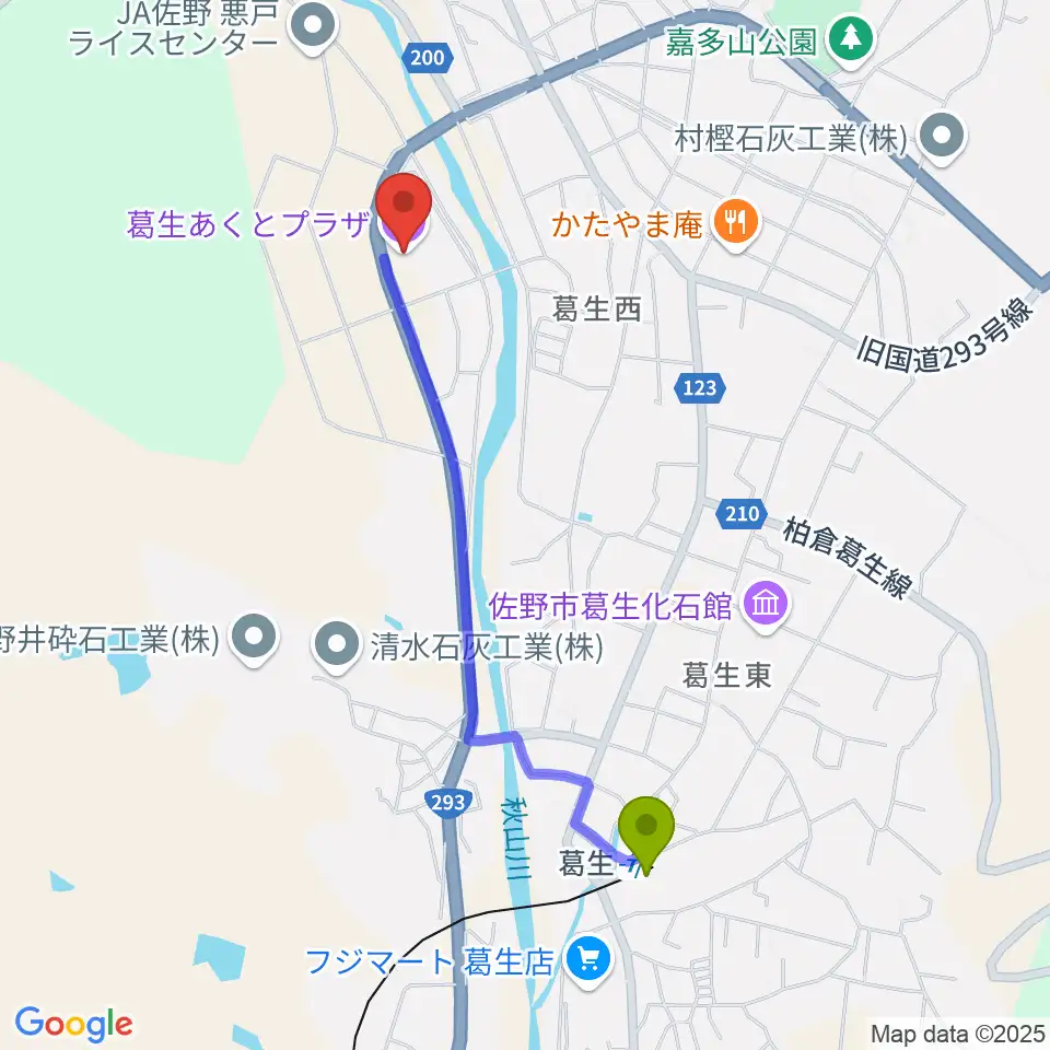 佐野市葛生あくとプラザの最寄駅葛生駅からの徒歩ルート（約20分）地図