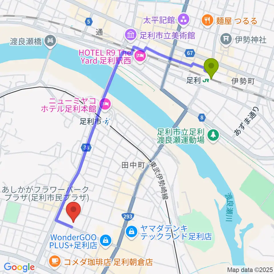 足利駅からあしかがフラワーパークプラザへのルートマップ地図