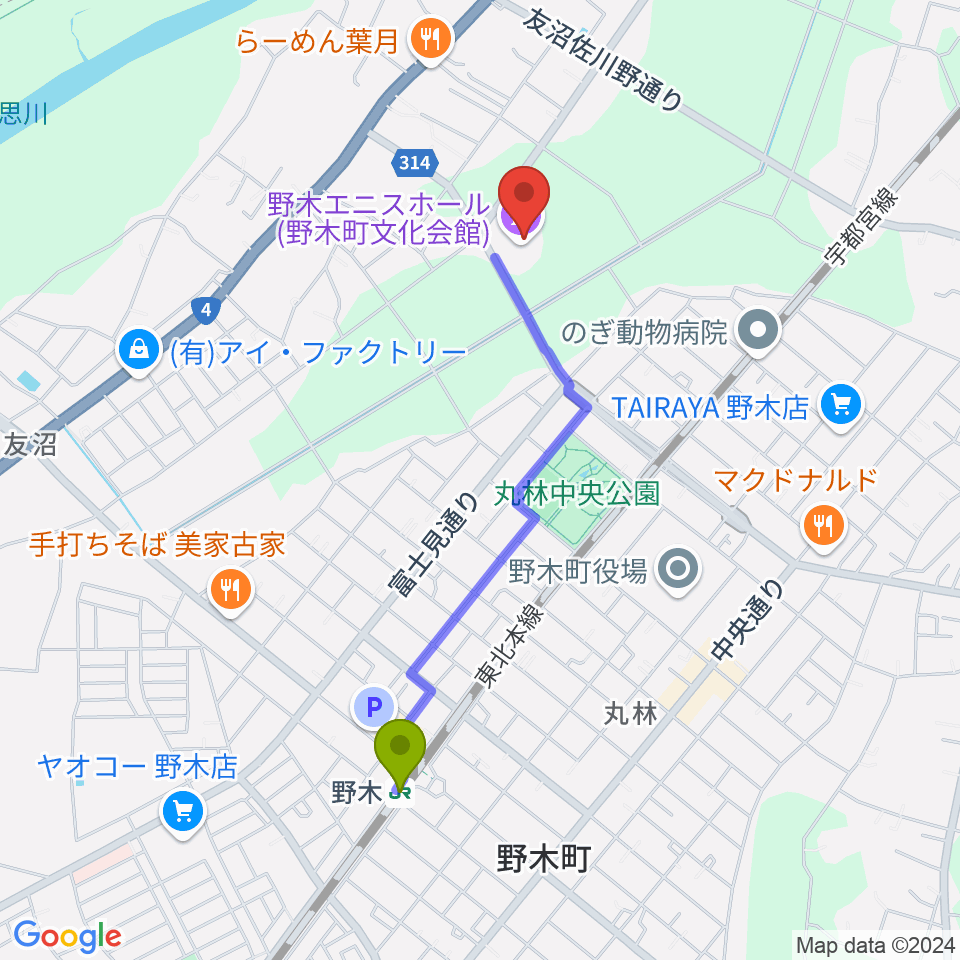 日東工業エニスホールの最寄駅野木駅からの徒歩ルート（約18分）地図