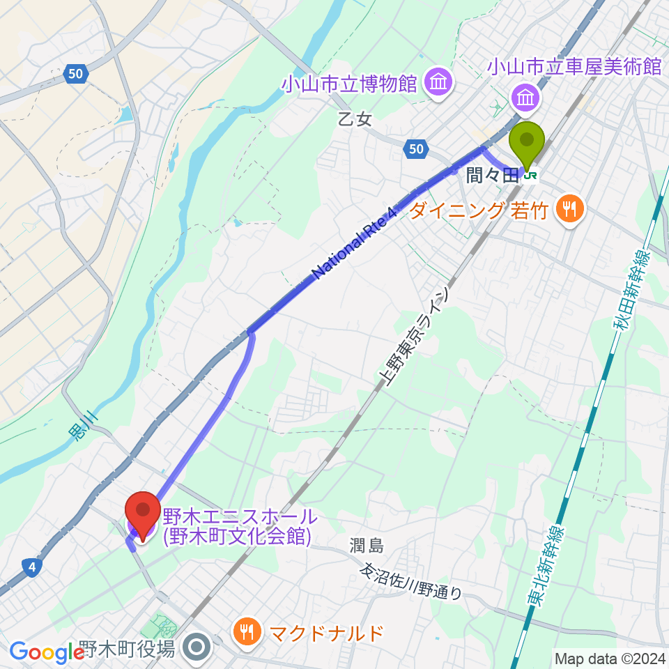 間々田駅から日東工業エニスホールへのルートマップ地図