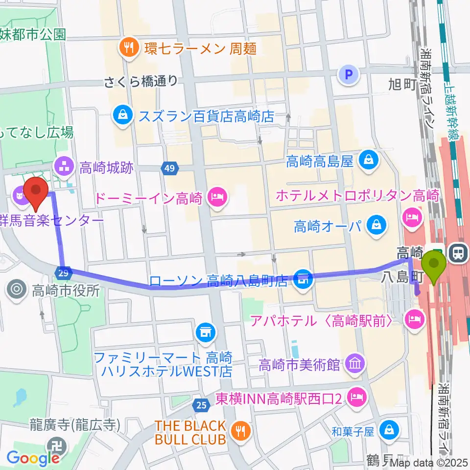 群馬音楽センターの最寄駅高崎駅からの徒歩ルート（約13分）地図