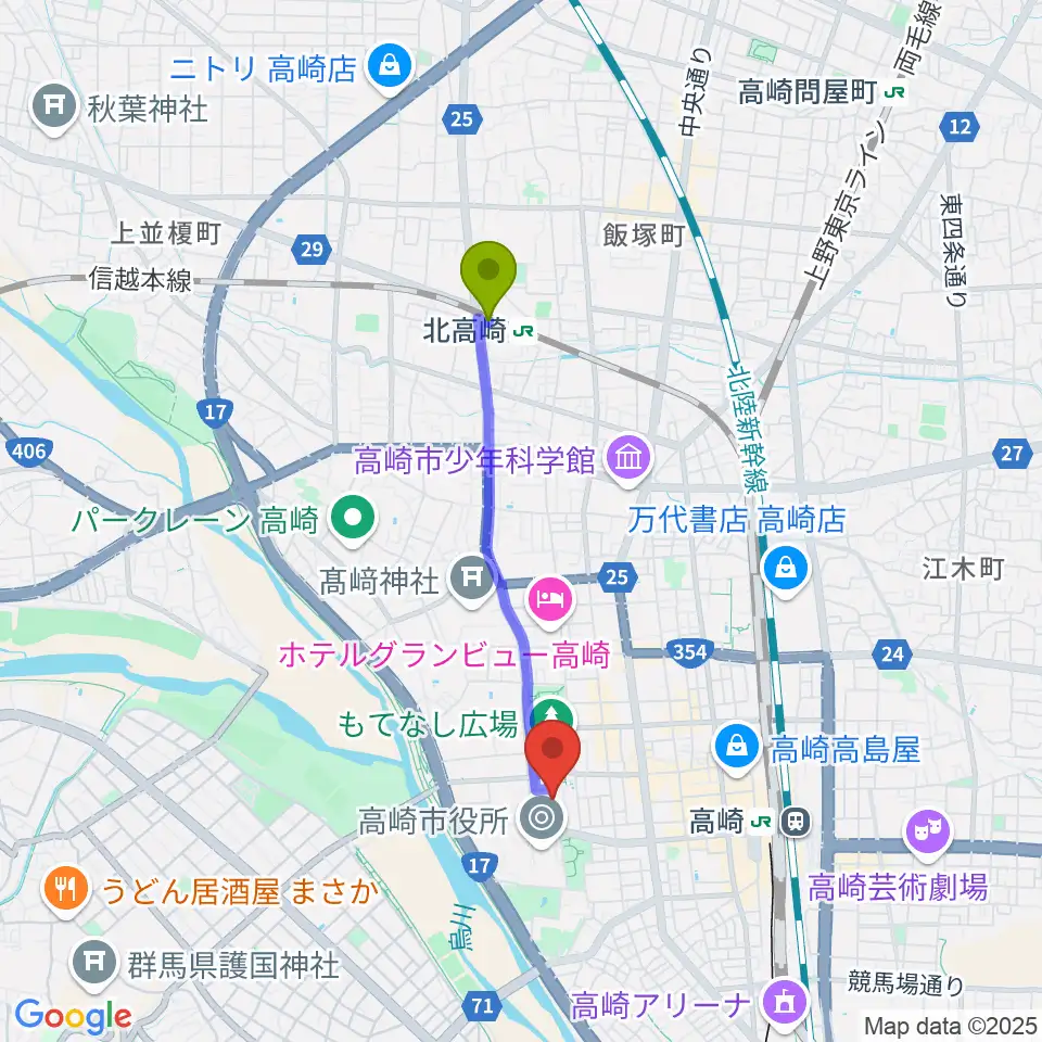 北高崎駅から群馬音楽センターへのルートマップ地図