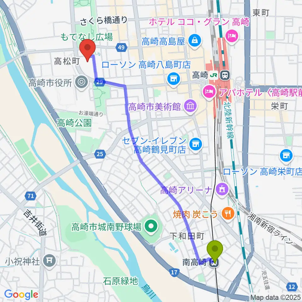 南高崎駅から群馬音楽センターへのルートマップ地図