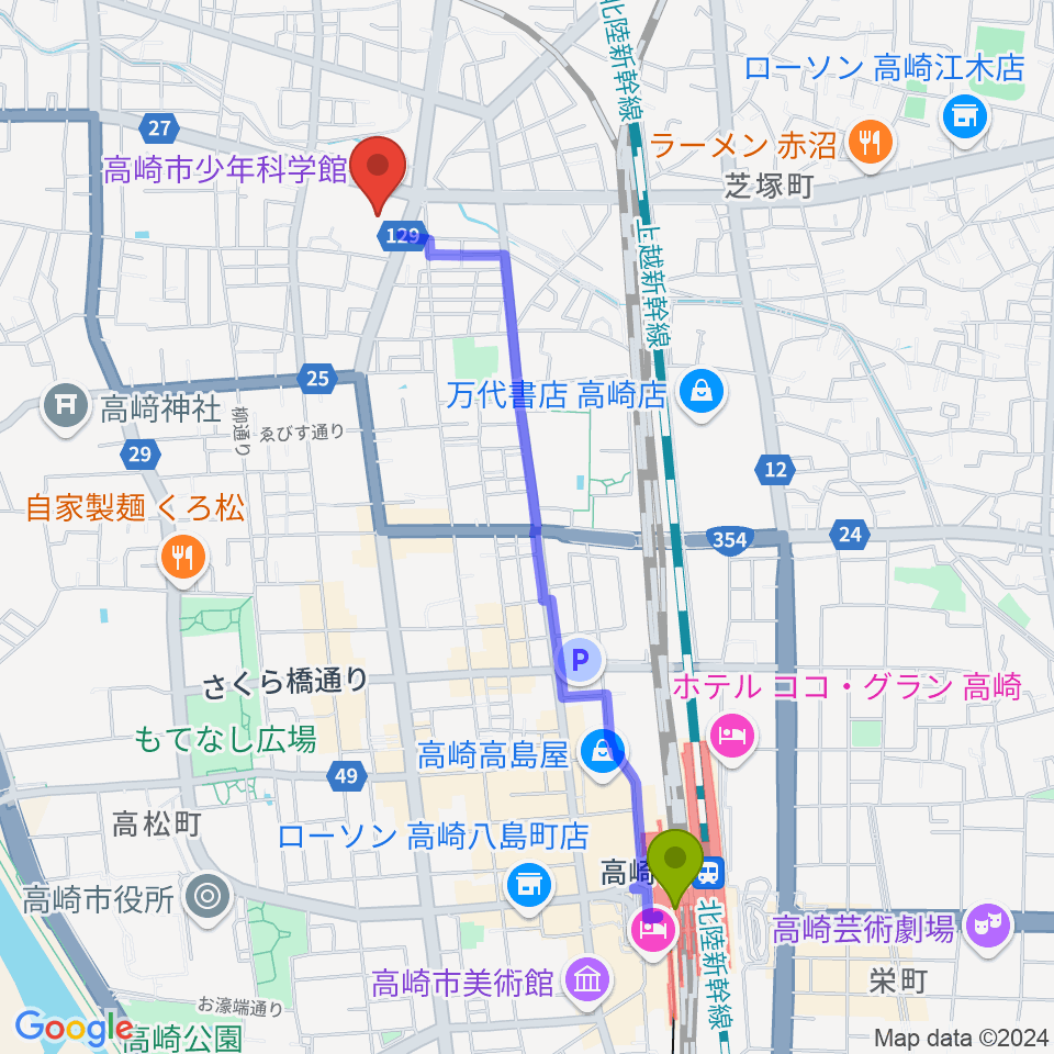 高崎駅から高崎市文化会館へのルートマップ地図