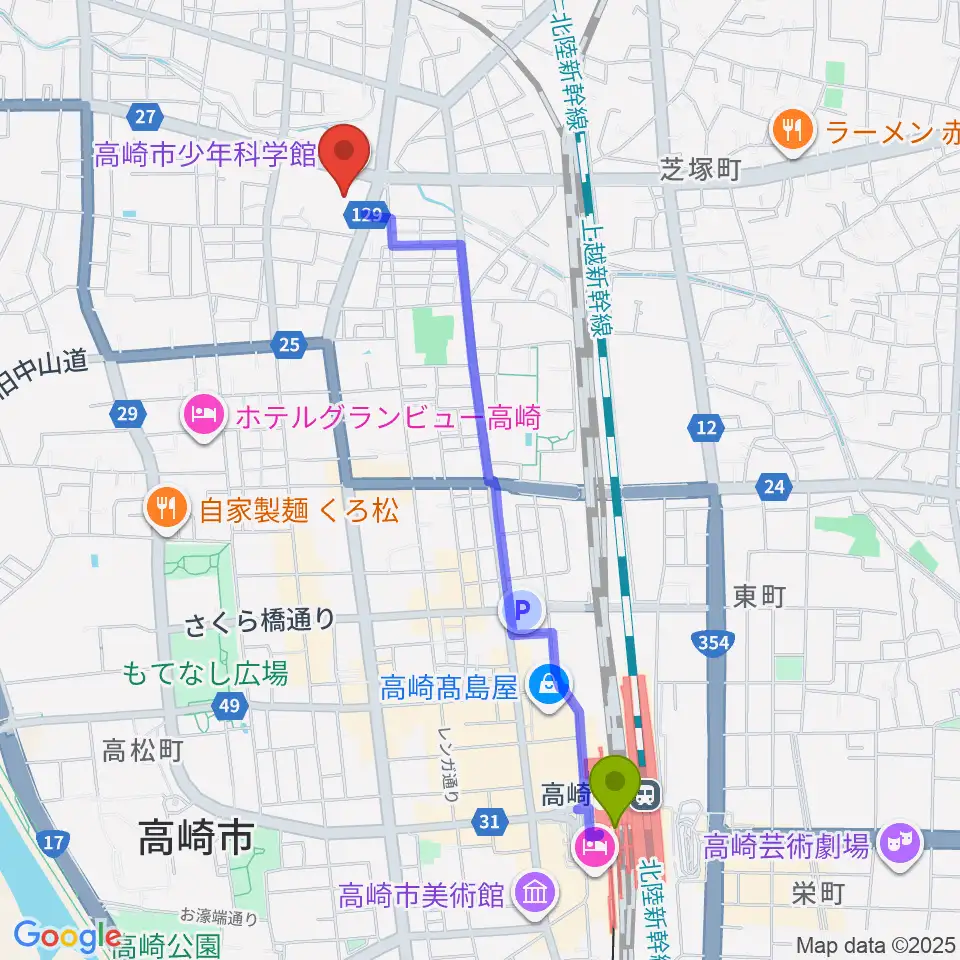 高崎駅から高崎市文化会館へのルートマップ地図