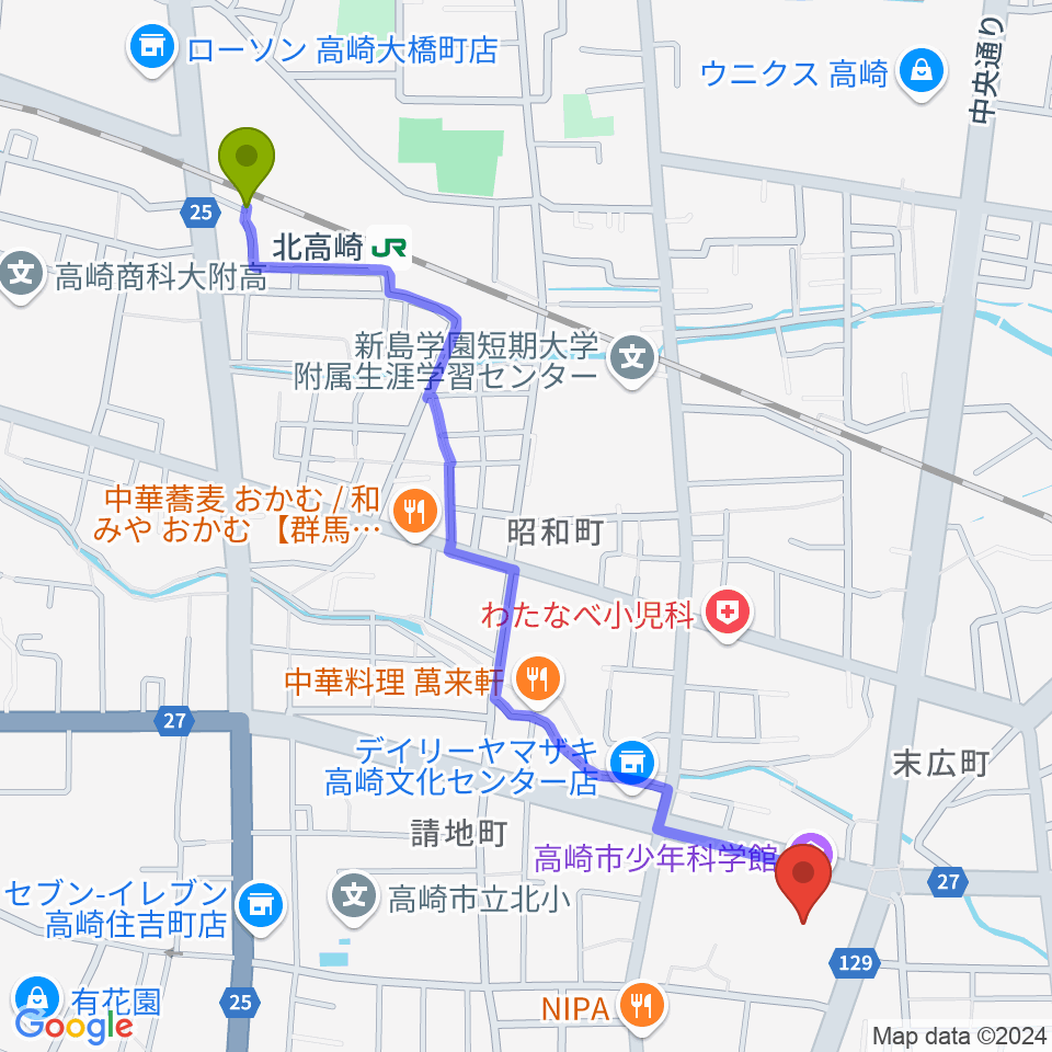 高崎市文化会館の最寄駅北高崎駅からの徒歩ルート（約13分）地図