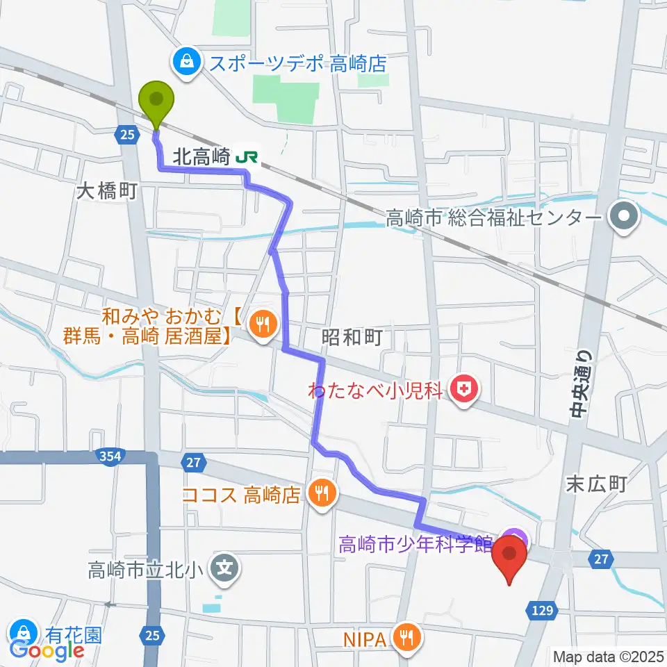 高崎市文化会館の最寄駅北高崎駅からの徒歩ルート（約13分）地図