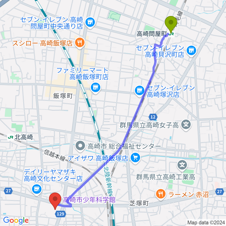 高崎問屋町駅から高崎市文化会館へのルートマップ地図