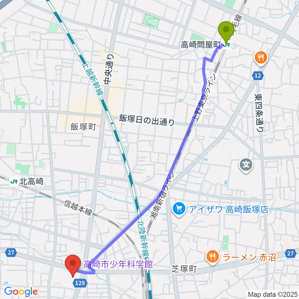 高崎問屋町駅から高崎市文化会館へのルートマップ地図