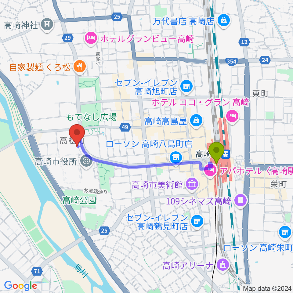 高崎シティギャラリーの最寄駅高崎駅からの徒歩ルート（約15分）地図