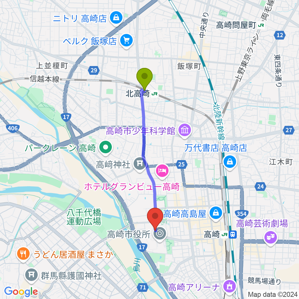 北高崎駅から高崎シティギャラリーへのルートマップ地図