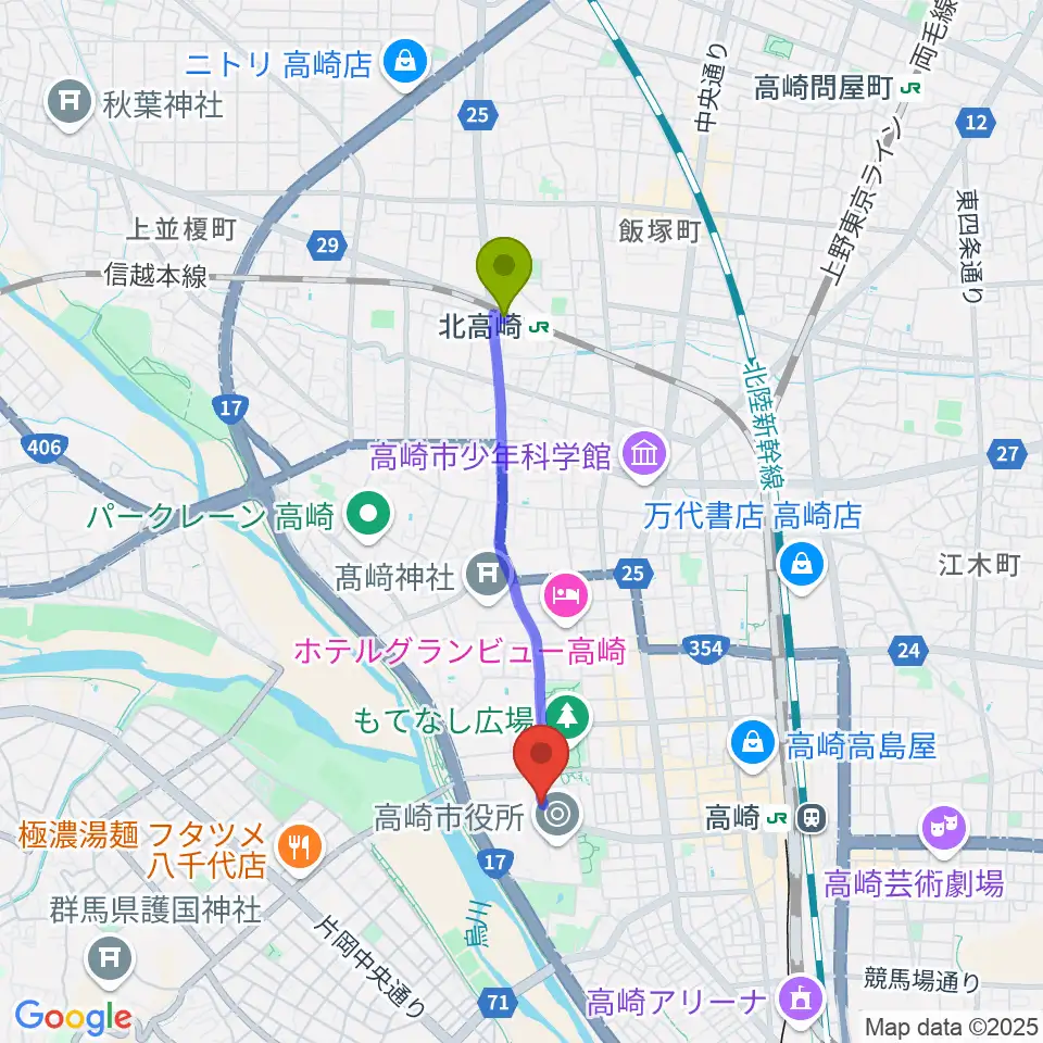 北高崎駅から高崎シティギャラリーへのルートマップ地図