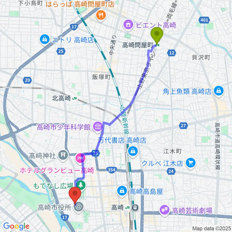 高崎問屋町駅から高崎シティギャラリーへのルートマップ地図