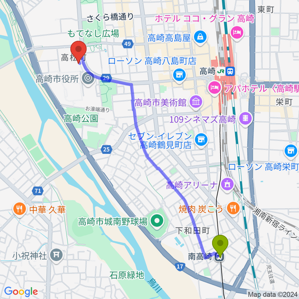 南高崎駅から高崎シティギャラリーへのルートマップ地図