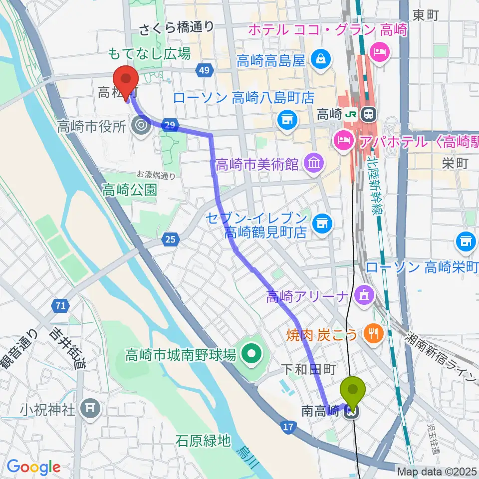 南高崎駅から高崎シティギャラリーへのルートマップ地図