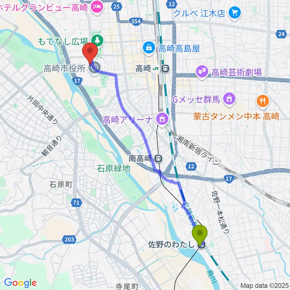 佐野のわたし駅から高崎シティギャラリーへのルートマップ地図