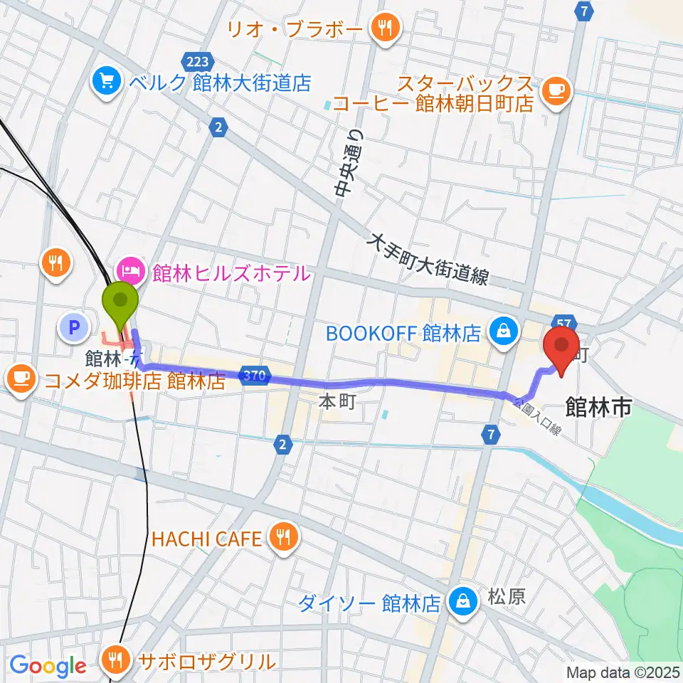 館林市文化会館の最寄駅館林駅からの徒歩ルート（約20分）地図