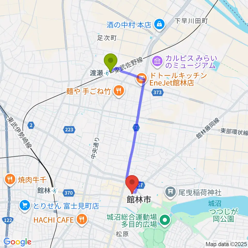 渡瀬駅から館林市文化会館へのルートマップ地図