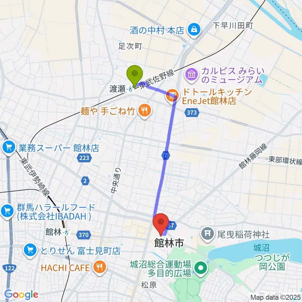 渡瀬駅から館林市文化会館へのルートマップ地図