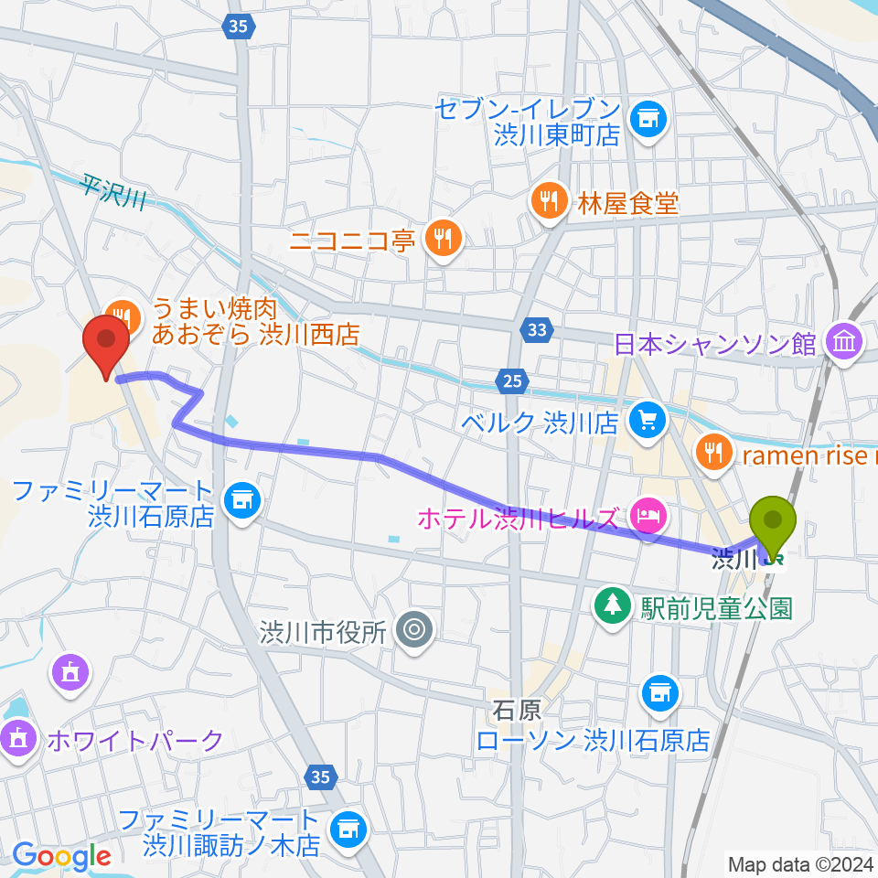 渋川市民会館の最寄駅渋川駅からの徒歩ルート（約24分）地図