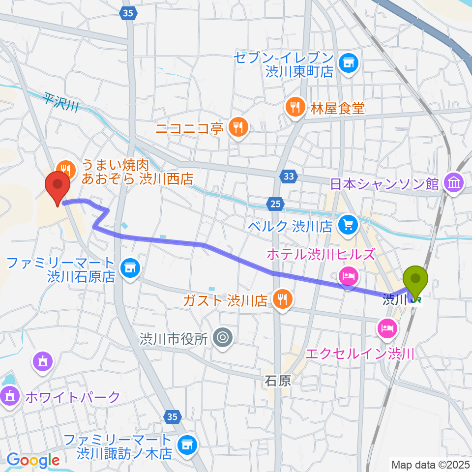 渋川市民会館の最寄駅渋川駅からの徒歩ルート（約24分）地図