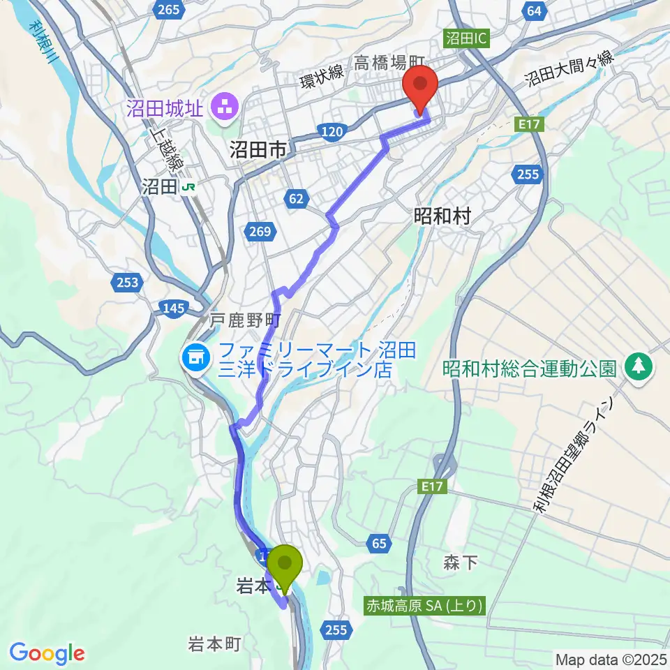 岩本駅から利根沼田文化会館へのルートマップ地図