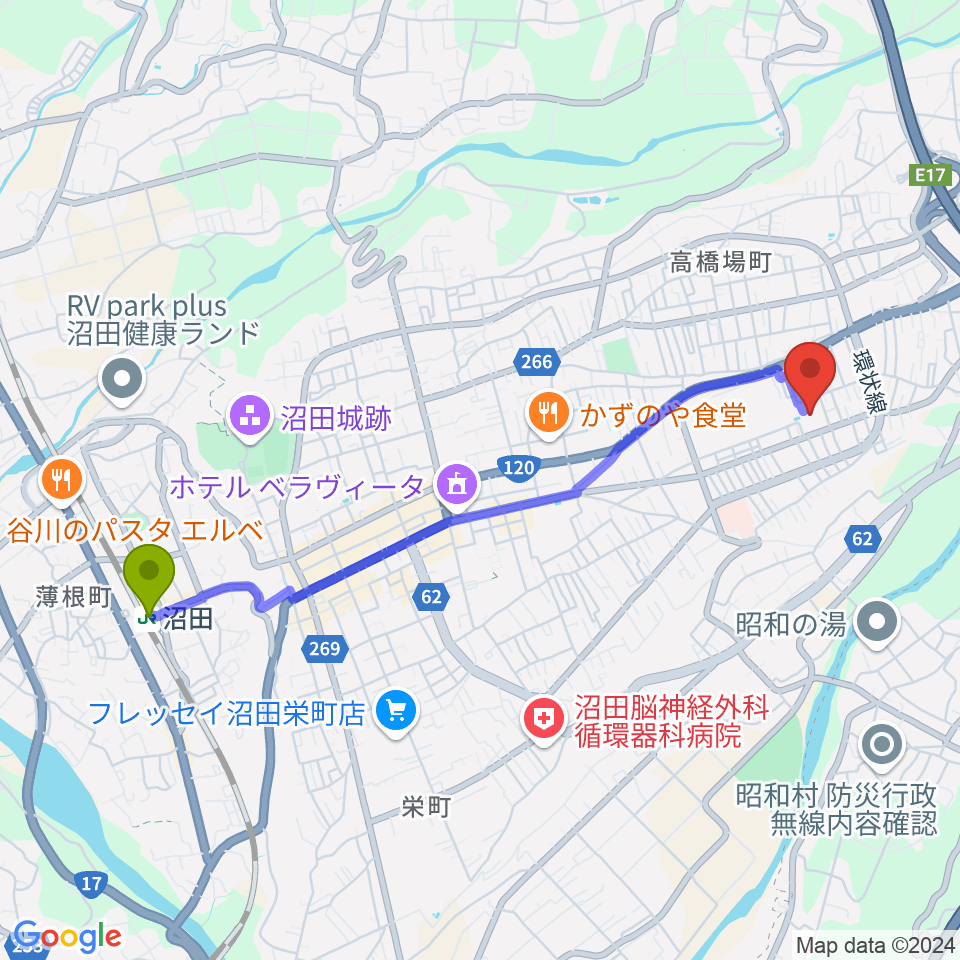 利根沼田文化会館の最寄駅沼田駅からの徒歩ルート（約44分）地図