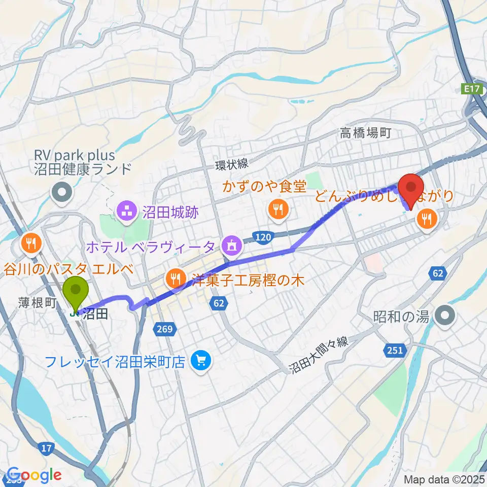 利根沼田文化会館の最寄駅沼田駅からの徒歩ルート（約44分）地図