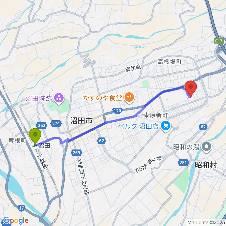 利根沼田文化会館の最寄駅沼田駅からの徒歩ルート（約44分）地図