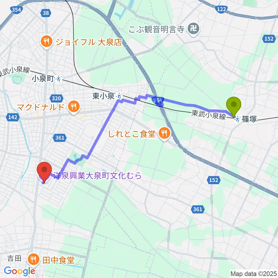篠塚駅から洋泉興業大泉町文化むらへのルートマップ地図