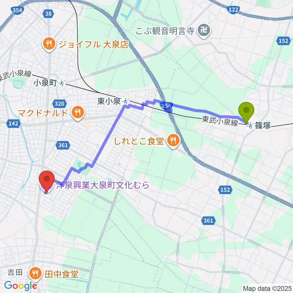 篠塚駅から洋泉興業大泉町文化むらへのルートマップ地図