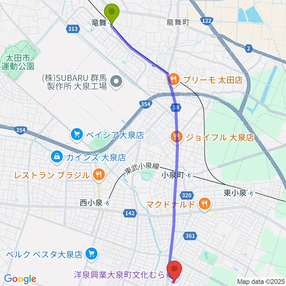 竜舞駅から洋泉興業大泉町文化むらへのルートマップ地図