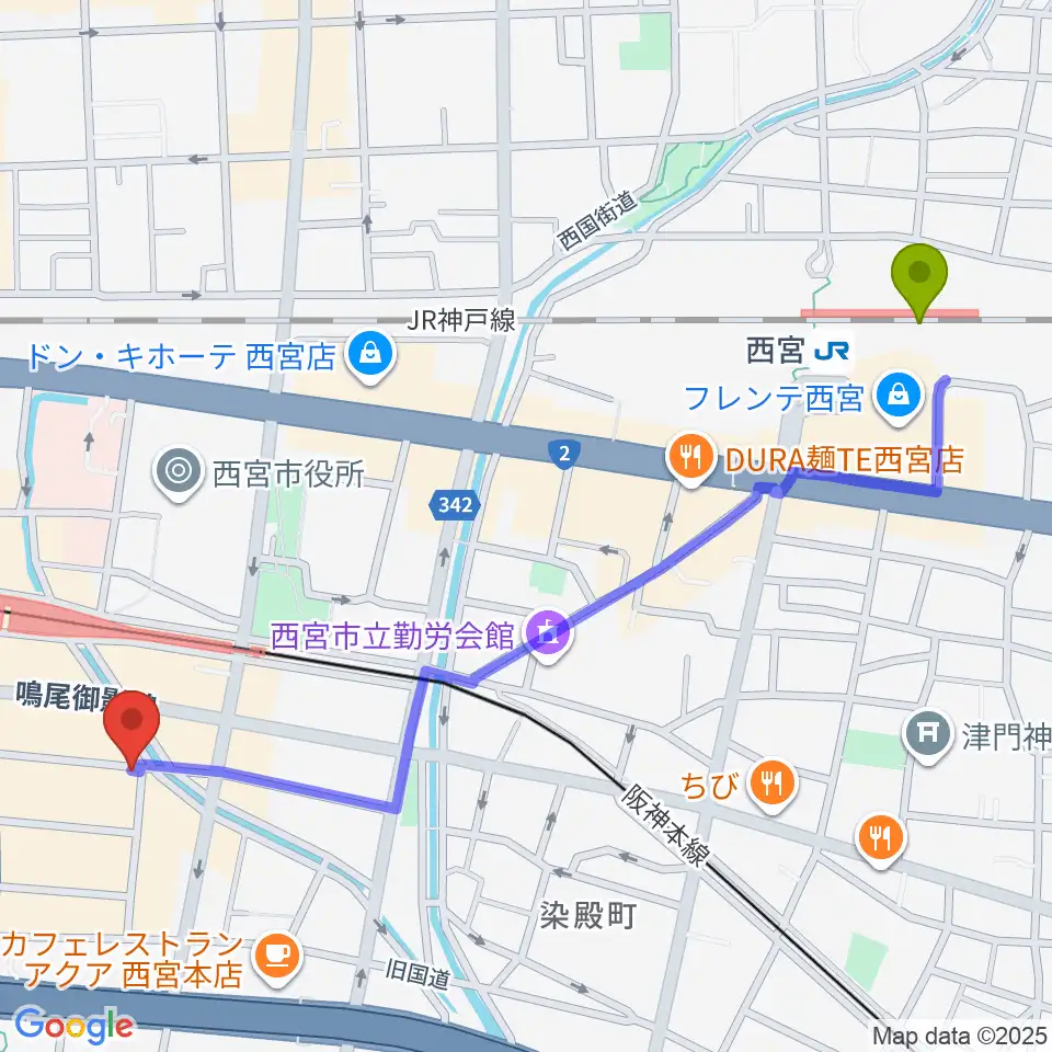 西宮駅からLiveSpot Penguinへのルートマップ地図