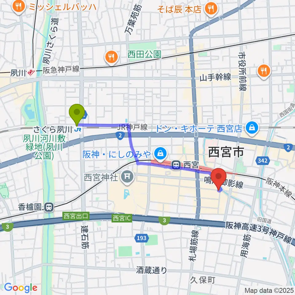さくら夙川駅からLiveSpot Penguinへのルートマップ地図
