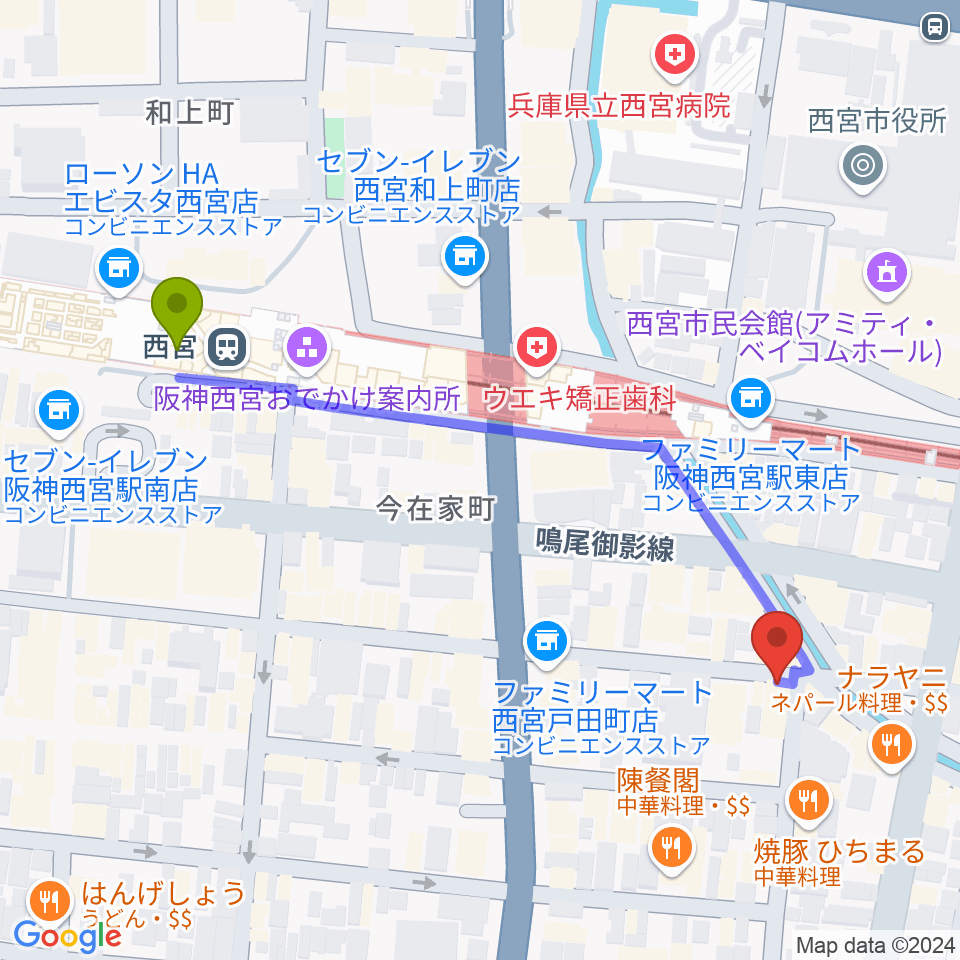 LiveSpot Penguinの最寄駅西宮駅からの徒歩ルート（約6分）地図