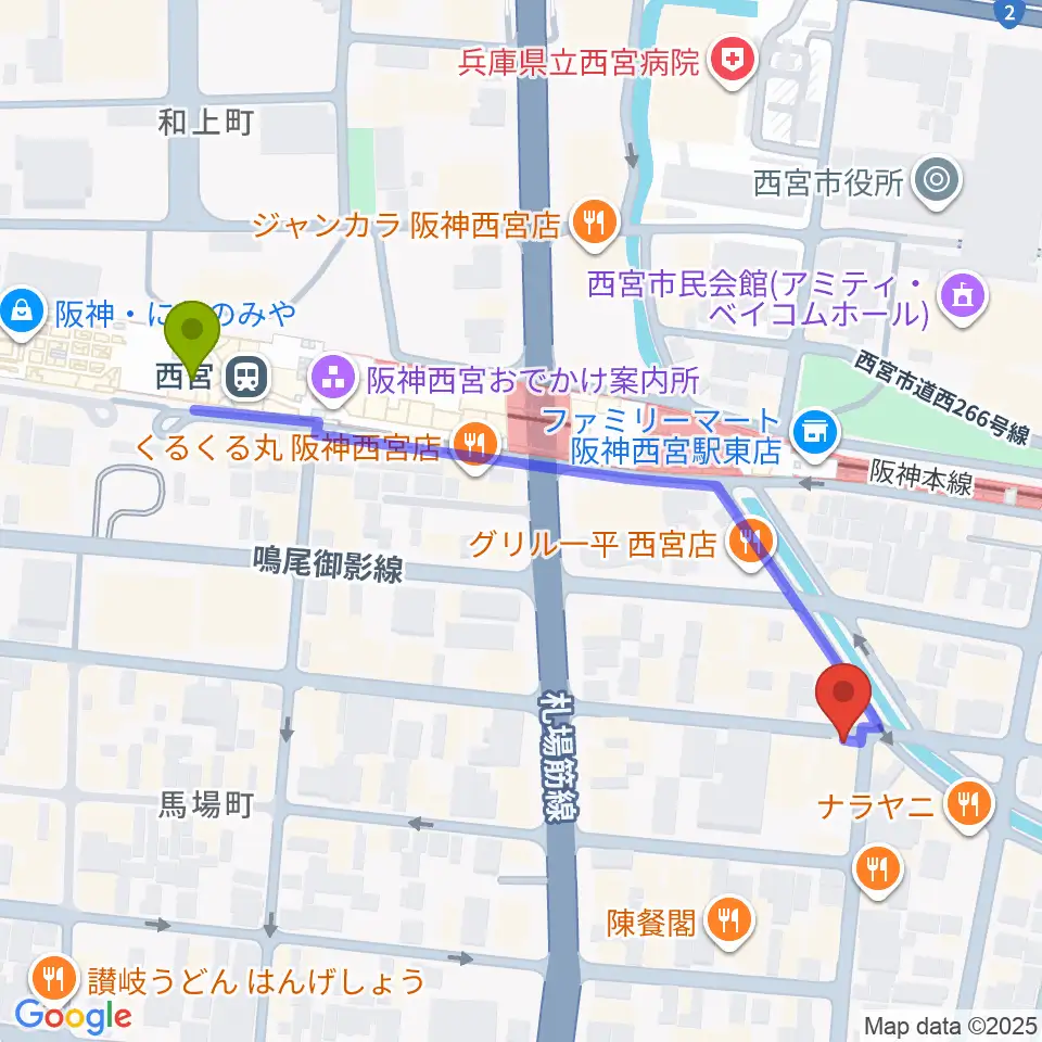 LiveSpot Penguinの最寄駅西宮駅からの徒歩ルート（約6分）地図