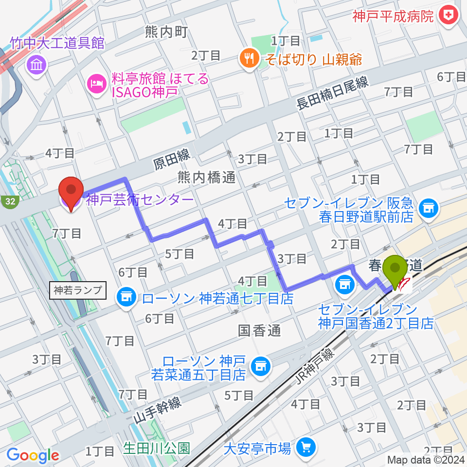 春日野道駅から神戸芸術センターへのルートマップ地図
